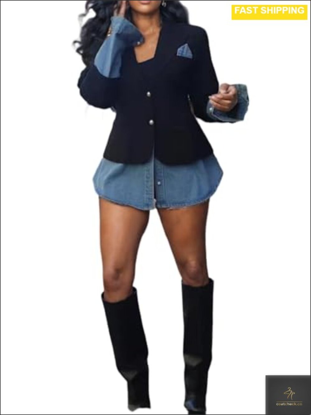 Women's Denim Patchwork Blazer Open Front Slim Fit Long Sleeve